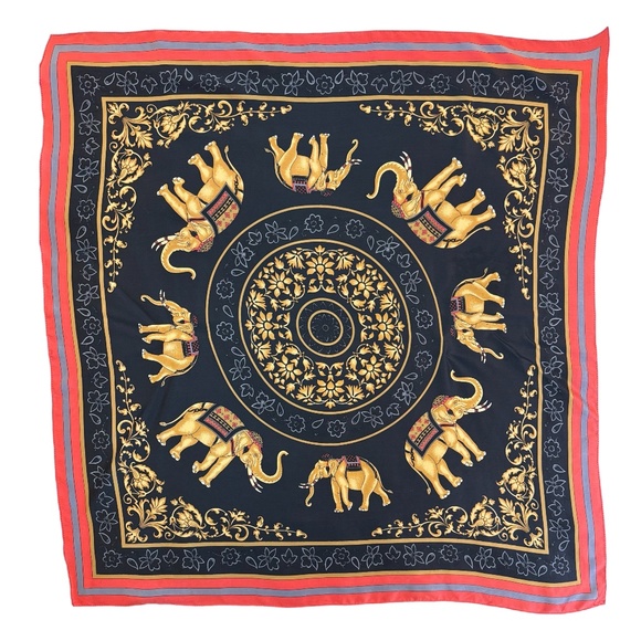 Srinanstra Thailand Vintage Silk Scarf 🇹🇭– Elephant & Floral Gold Motif - Picture 4 of 7